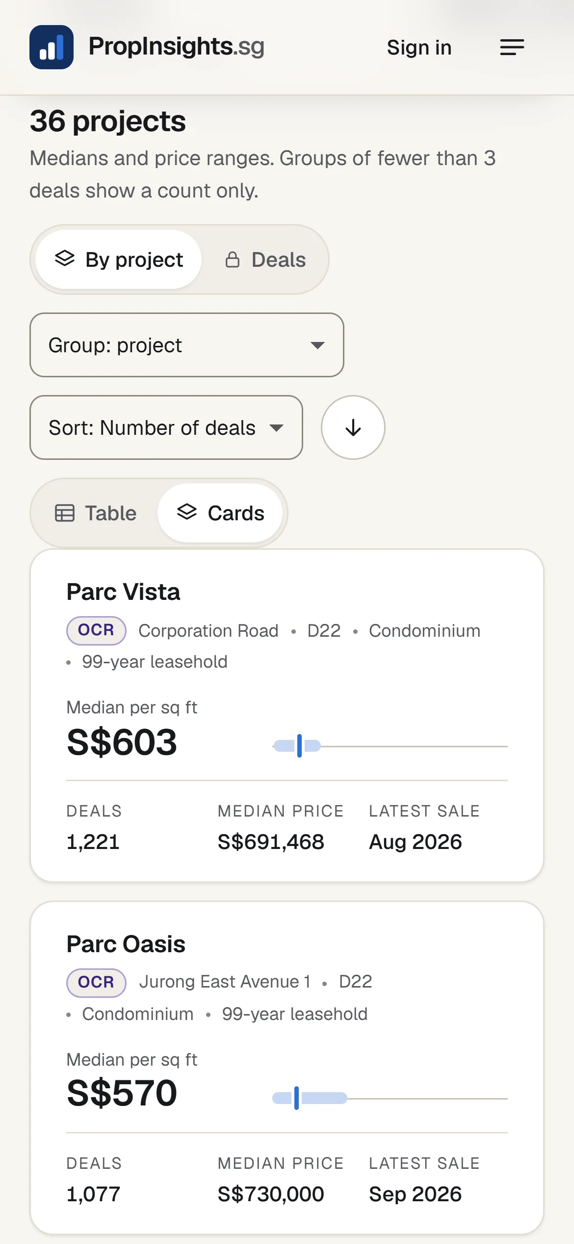 The transaction search on a phone: one card per project, with the number of deals and the median prices.